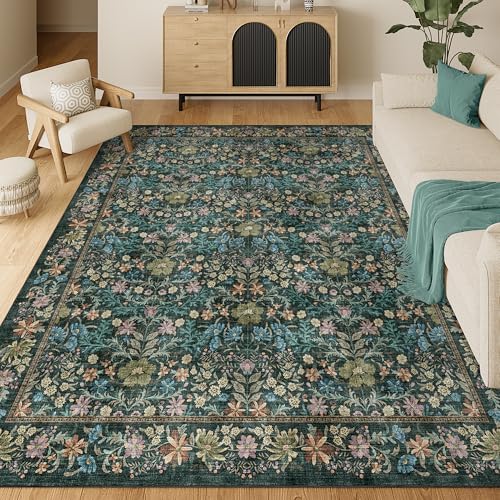 DUKINO 8x10 Area Rugs, Vintage Floral Washable Rug for Living Room, Blue by DUKINO