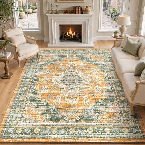 8x10 Area Rugs for Living Room, Boho Washable Non Slip Carpet, Green Orange by tubeamin