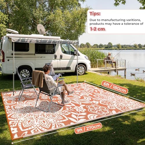 Findosom Waterproof Outdoor Rug 6' x 9' - Reversible Mandala Outdoor Plastic Straw Rug, Durable Foldable Patio Rug for RV, Deck, Balcony, Backyard, Picnic, Porch, Camping, Beach, Orange - Image 2