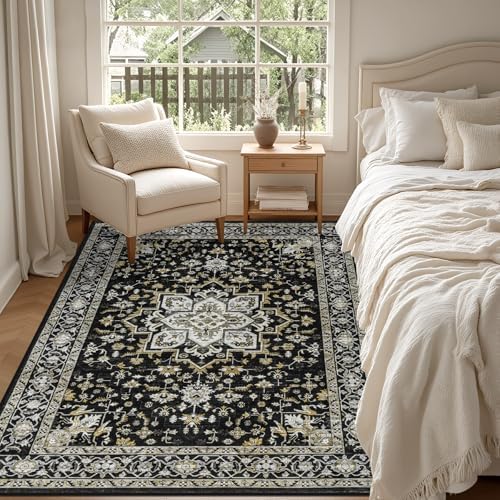 4x6 Area Rugs Living Room: Washable Rug for Bedroom Black Gold - Image 3