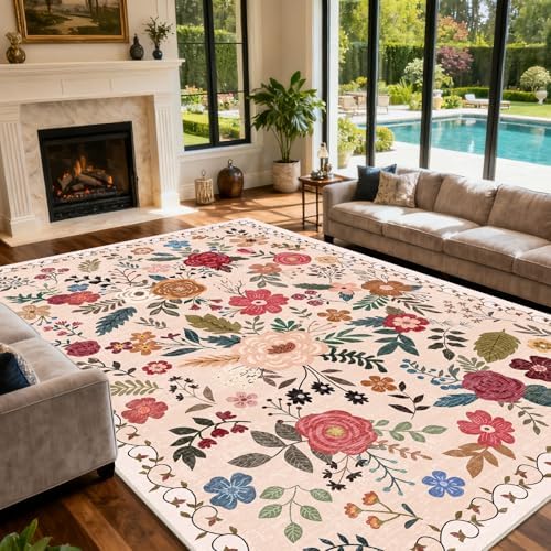 Extra Large 10x14 Area Rug for Living Room, Washable Rugs for Dining Room, Bedroom, Non Slip Stain Resistant Carpet, Low Pile Vintage Floral Rug (Beige Red) - Image 3