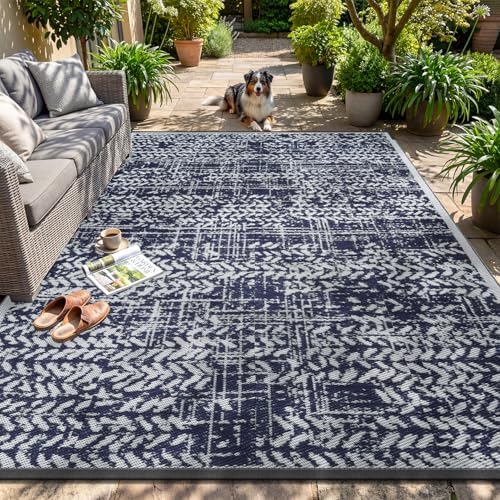 MontVoo Outdoor Rug Waterproof-Patio Rug Mat 6x9 Outdoor RV Camping Picnic Beach Mat Plastic Straw Rugs Outside Outdoor Area Rugs for Balcony Deck Backyard Navy Blue by MontVoo