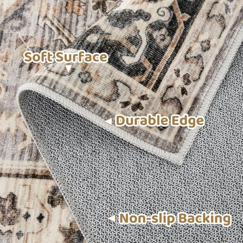 Area Rug for Living Room - 8x8 Soft Machine Washable Oriental Vintage Floral Distressed Large Indoor Floor Carpet for Bedroom Under Dining Table Home Office Decor - Brown - Image 7