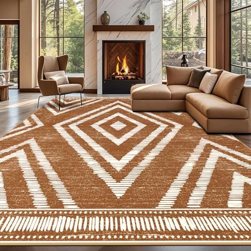 Boho Washable Area Rugs 9x12ft for Living Room, Large Soft Bedroom Rug Non Slip, Low Pile Brown Moroccan Floor Carpets for Dining Room Nursery Playroom Home Office by Geanlod