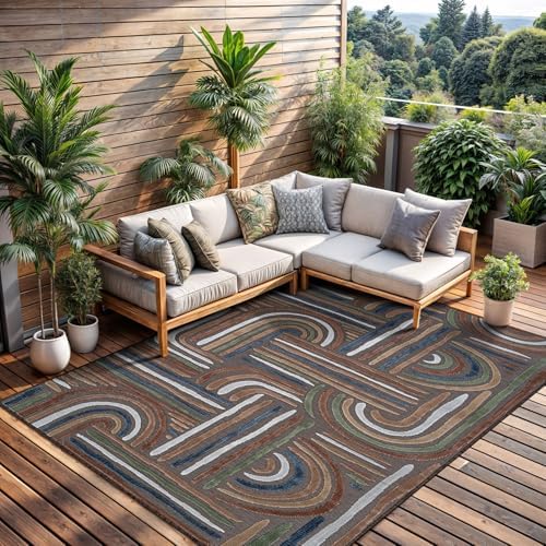CAMILSON Indoor Outdoor Rug, Brown 5x7 Geometric Arch Striped Area Rugs for Patio and Home Areas, Easy-Cleaning Non-Shedding Living Room, Garden and Deck Washable Outside Carpet (5 x 7) - Image 4