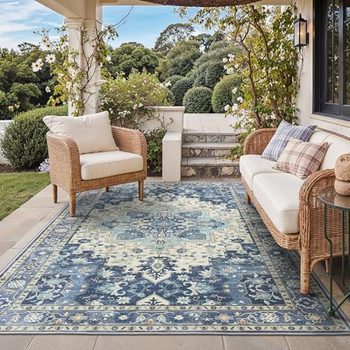 GENIMO Indoor Outdoor Rug, Washable for Patio and Deck, Navy Ivory, 6x9 by GENIMO