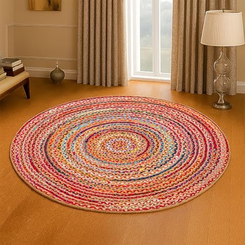 Hausattire Jute Cotton Braided Woven Area Rug 5 Feet Round - Multi Color - Image 3