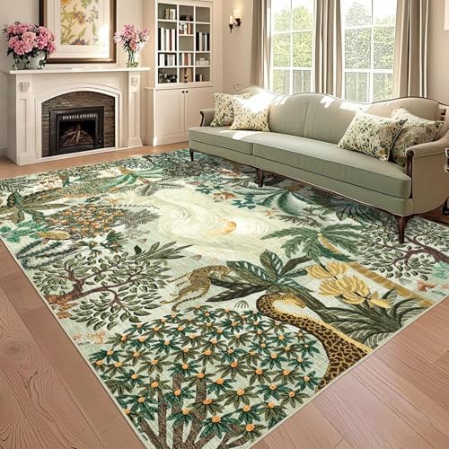 GarveeHome 6x9 Area Rug Jungle Green Washable Rugs for Living Room Bedroom, Soft Low Pile Non Slip Accent Floor Mat Animal Print Tiger Throw Rug Indoor Carpet Dining Room Playroom by GarveeHome