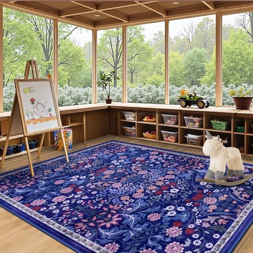 PLHXFR Area Rug Living Room: 4x6 Floral Washable Boho Soft Carpet Blue - Image 4