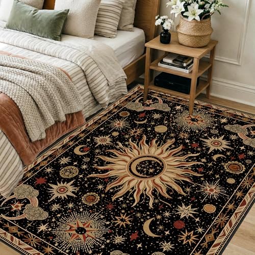 Vacuum-Friendly, 4x6 Washable Area Rug, Black Gold Beige Red - Image 2