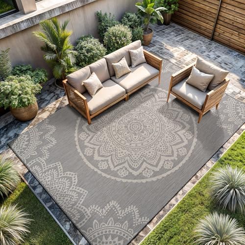 CAMILSON Outdoor Rug 6x9 Modern Area Rugs for Indoor and Outdoor Patios and Porches - Waterproof, Washable, Non-Shedding, Easy-to-Clean Outside Carpet (6 x 9, Medallion - Grey/White) by CAMILSONIndoorOutdoorAreaRugs