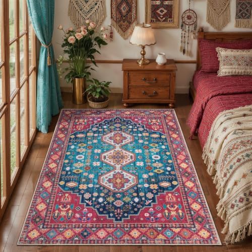 Tangsoo Magenta Boho 3x5 Washable Area Rugs, Colorful Non Slip Accent Rug by Tangsoo