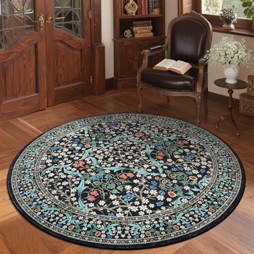GarveeHome Black Floral 4 ft Round Rug Washable Non-Slip Soft Low Pile Small Circle Carpet Vintage Rugs for Kitchen Bedroom Nursery Dining Living Room by GarveeHome