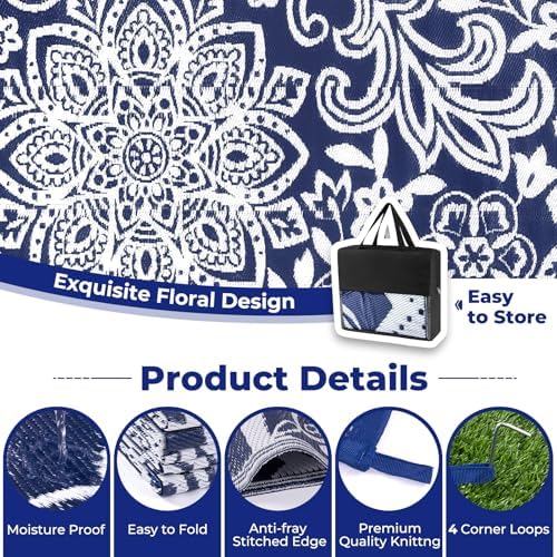 Findosom Waterproof Outdoor Rug 8' x 10' - Reversible Mandala Outdoor Plastic Straw Rug, Durable Foldable Patio Rug for RV, Deck, Balcony, Backyard, Picnic, Porch, Camping, Beach, Navy - Image 6
