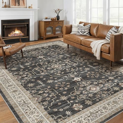 Vintage 6x9 Rugs for Living Room Washable Area Rug Black by homewill