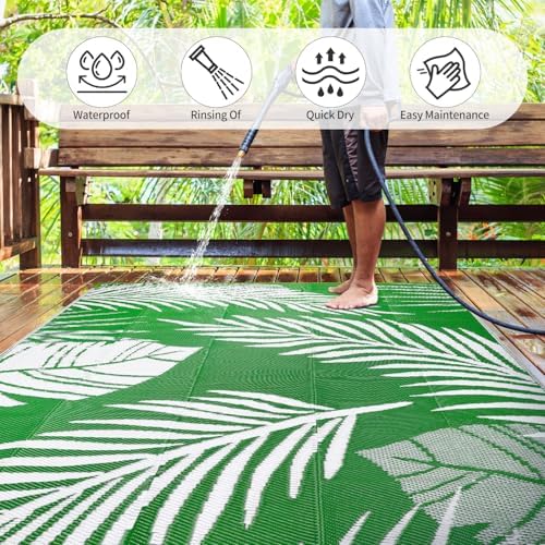 Waterproof Outdoor Rug 8x10ft, Green Leaf Reversible Plastic Straw Mat for Patio RV Deck Porch Backyard Balcony Camping Picnic Beach Indoor Outdoor Carpet, Green&White - Image 3