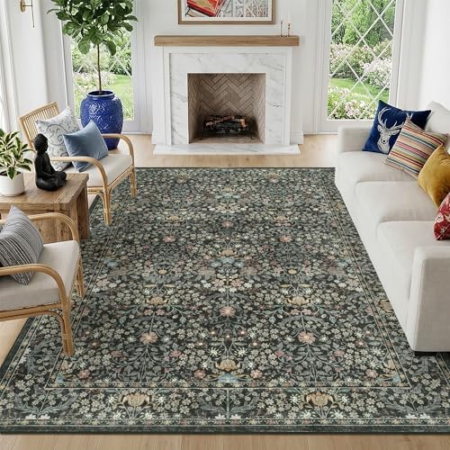 Black Floral Living Room Rug 5x7 Area Rug - Vintage Forest Washable Rug for Dining Room, Bedroom, Ultra Soft Low Pile Non Slip Stain Resistance Distressed Boho Farmhouse Flower Carpet by SparkleGaze