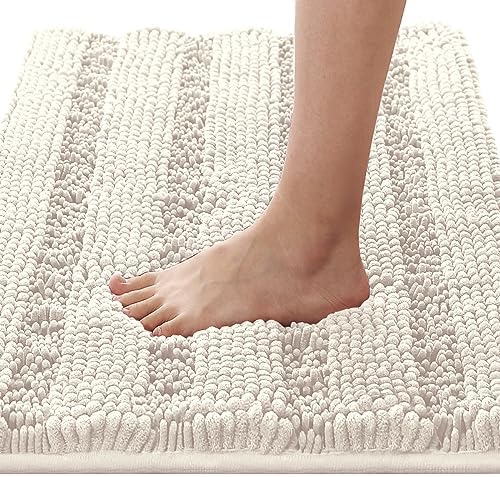 H.VERSAILTEX Bath Rugs for Bathroom Non Slip Bath Mats Extra Thick Chenille Striped Rug 20" x 32" Absorbent Non Skid Fluffy Soft Shaggy Washable Dry Fast Plush Mat for Indoor, Bath Room, Tub - Ivory by HVERSAILTEX