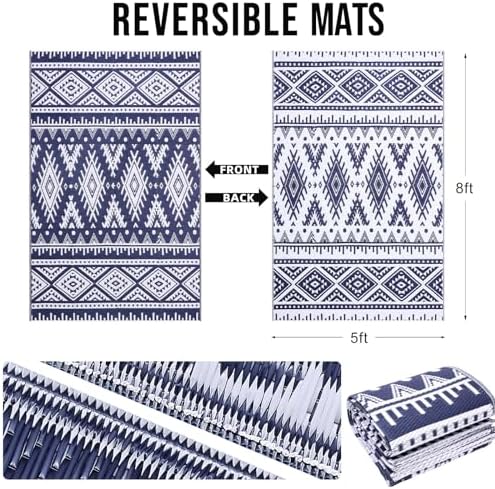 OLANLY Outdoor Rug 5x8 ft Waterproof Reversible Boho Mat, Navy & White - Image 2