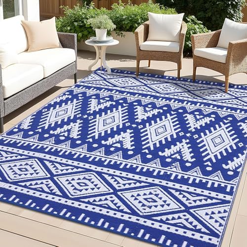 OLANLY Outdoor Rug 9x18 ft Waterproof Reversible Boho Mat, Blue & White by OLANLY