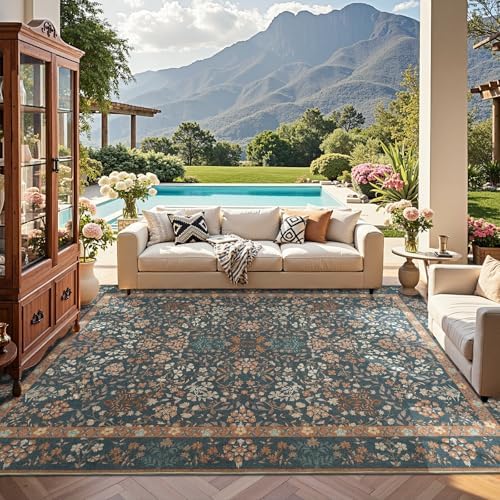 jinchan 8x10 Washable Living Room Area Rug, Vintage Floral, Dark Blue - Image 4
