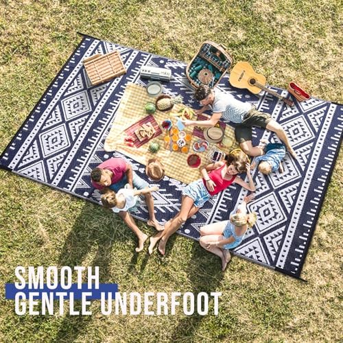 OLANLY Outdoor Rug 9x18 ft Waterproof Reversible Boho Mat, Navy & White - Image 6