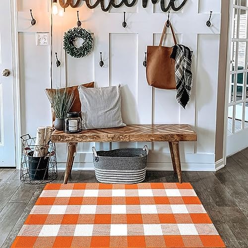 Fall Door Mat 2'4" x 3'7" Orange and White Bufflao Plaid Rug Layered Mat - Image 5