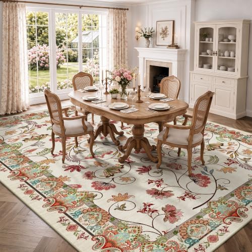 8x10 Area Rugs, Machine Washable Low Pile Floral Rugs for Living Room, Bedroom, Large Vintage Area Rug with Non-Slip Backing for Dining Room(Eden Red) - Image 4