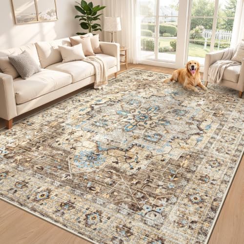 Area Rug 6x9 Vintage Rug: Washable Indoor Medallion Rugs Low Pile Distressed Floor Carpet Retro Accent Rug for Living Room Bedroom Kitchen Dining Table Home Office(Brown/Blue, 6'x9') by ZomfyRugs
