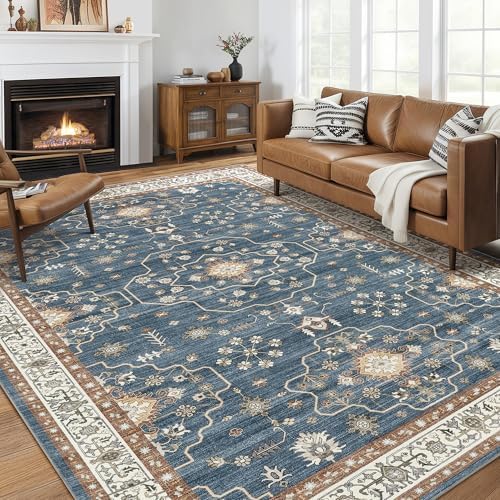 10x12 Area Rug for Living Room- Machine Washable Soft Oriental Vintage Large Indoor Floor Carpet for Bedroom Under Dining Table Home Office Decor - Dark Blue by homewill