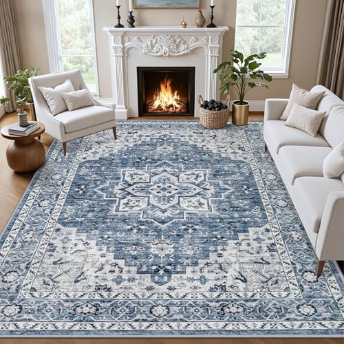 10x14 Area Rugs Living Room: Washable Vintage Rug for Bedroom Blue by EXPEDIX