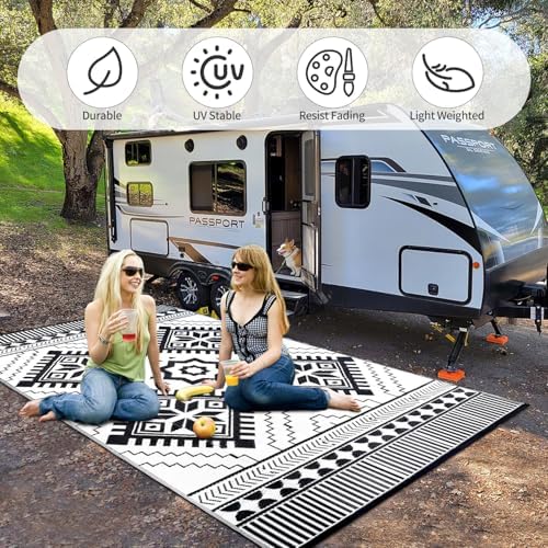 Waterproof Outdoor Rug 6x9ft, Boho Reversible Plastic Straw Mat for Patio RV Deck Porch Backyard Balcony Camping Picnic Beach Indoor Outdoor Carpet, Black&White - Image 5