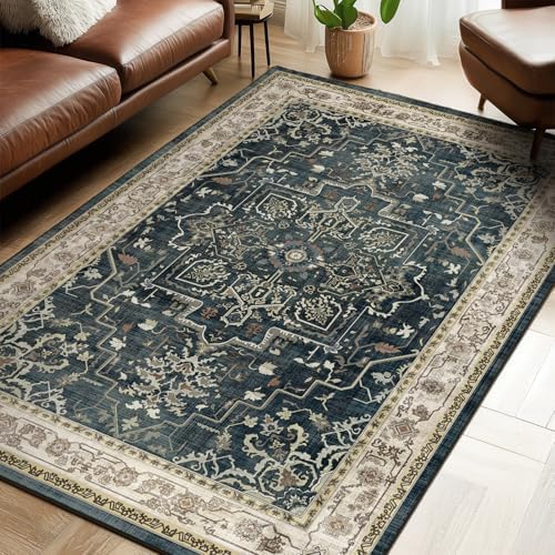 Distressed Vintage 5x7 Area Rugs for Living Room Bedroom Non Slip Washable, Medallion Pattern Printed Low Pile Farmhouse Carpet Rugs for Dining Room/Kitchen/Home Office, Midnight/Multi by Jainmy