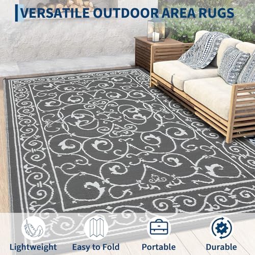 GAOMON Outdoor Rug Waterproof 9x12 Patio Rug Durable Indoor Outdoor RV Mat, Reversible Camping Carpet, Foldable Plastic Straw Rug for Patio, Porch, Deck, Balcony, Beach,Vintage-Grey - Image 4