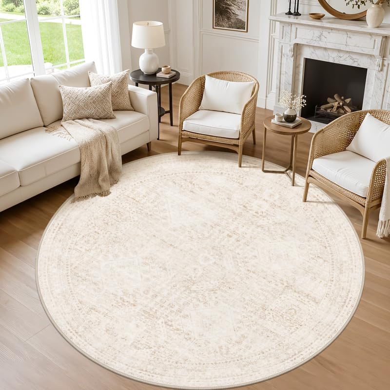 Round Area Rug Living Room: 8ft Neutral Washable Carpet Rug Beige by Luxturiy