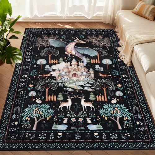 nesrt Washable Bedroom Area Rugs 4x6ft Non Slip, Black Dragon Animal Print Living Room Rugs Low Pile, Soft Castle Kids Nursery Floor Carpets for Dining Room Playroom Study Home Decor by nesrt