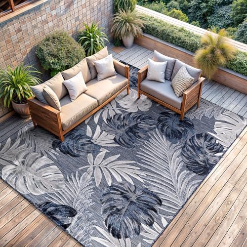 CAMILSON Indoor Outdoor Rug, Navy 10’x14’ Leaf Tropical Botanical Area Rugs for Indoor and Outdoor patios, Easy-Cleaning Non-Shedding Living Room, Garden and Kitchen Washable Outside Carpet (10x14) by CAMILSONIndoorOutdoorAreaRugs