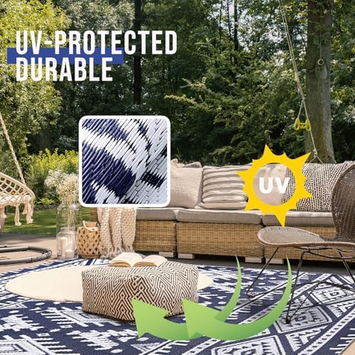 OLANLY Outdoor Rug 5x8 ft Waterproof Reversible Boho Mat, Navy & White - Image 4