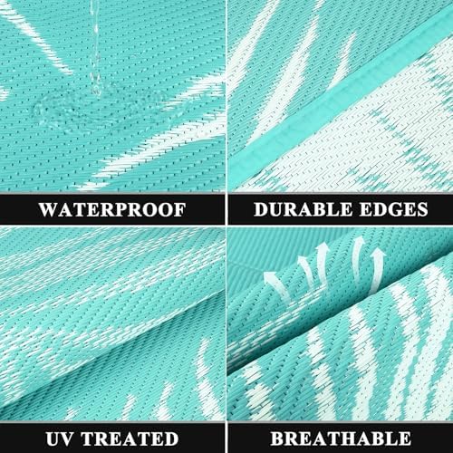 Pauwer Waterproof Outdoor Rug 6x9, Plastic Patio Mat, Leaf Light Blue - Image 3