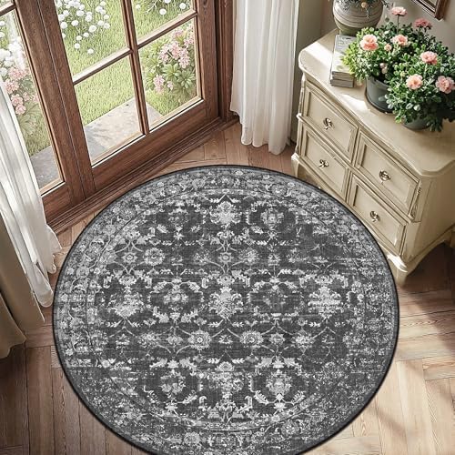 5ft Round Washable Office Rug Non-Slip Vintage Black Throw Carpet by HOME