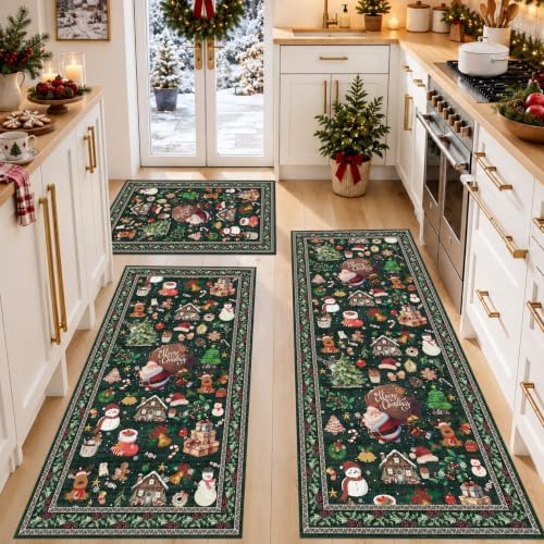 Christmas Kitchen Rug Set of 3: Non-Skid Washable Holiday Kitchen Floor Mat Soft Low Pile Throw Rugs and Runner for Entryway Bathroom Hallway Christmas Decor for Laundry (Christmas Green,2x3+2x4+2x5) by YOUFORTONG