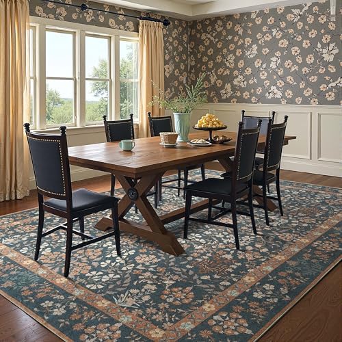 jinchan 8x10 Washable Living Room Area Rug, Vintage Floral, Dark Blue - Image 2