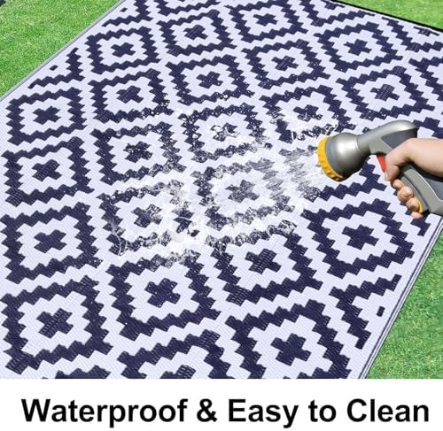 Smiry Outdoor Rug 9x12 ft Waterproof Reversible Boho Mat, White & Navy - Image 2