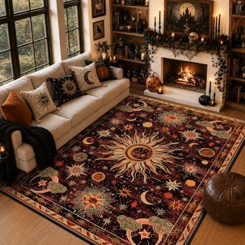 Vacuum-Friendly, 8x10 Washable Area Rug, Red Gold Beige by meejou
