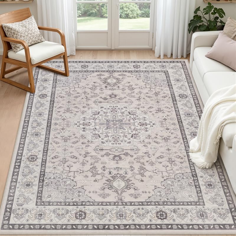 6x9 Area Rugs Living Room: Bedroom Washable Carpet Beige & Grey by Luxturiy