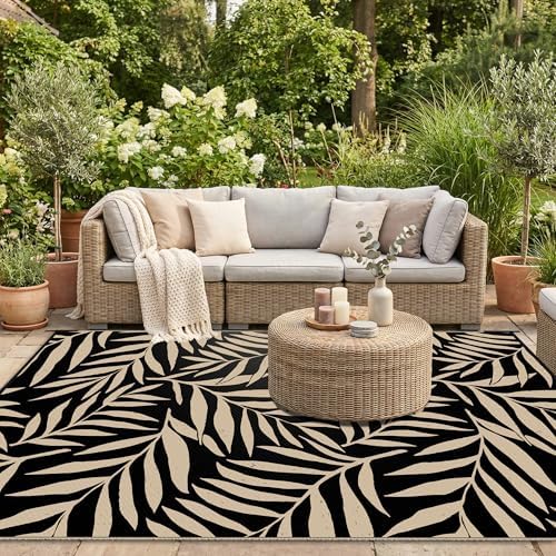 Smiry Outdoor Rug 6x9 ft Waterproof Reversible Leaf Mat, Black & Beige - Image 5