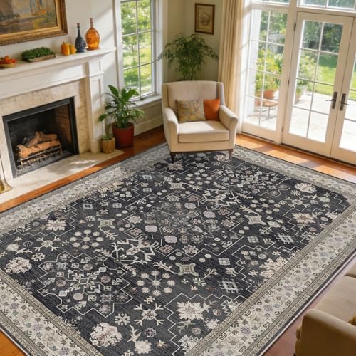 9x12 Washable Area Rugs for Living Room (Charcoal Blush Ivory) - Image 3