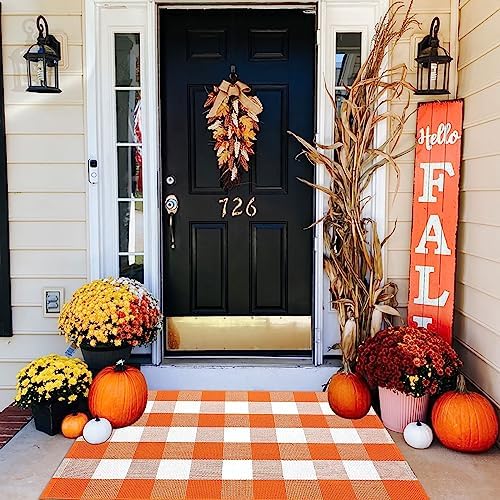 Fall Outdoor Rug Orange Buffalo Plaid Outdoor Rug Cotton Hand-Woven Buffalo Check Rug Layered Doormats for Front Door/Front Porch/Farmhouse/Entryway/Patio(Orange and White Plaid, 27.5'' x 43'') by CAINANEL