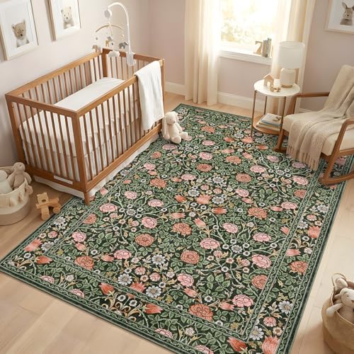GarveeHome Dark Green Floral Washable Rug 5x7 for Bedroom Living Room - Image 3
