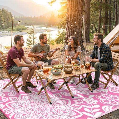 Findosom Waterproof Outdoor Rug 6' x 9' - Reversible Mandala Outdoor Plastic Straw Rug, Durable Foldable Patio Rug for RV, Deck, Balcony, Backyard, Picnic, Porch, Camping, Beach, Pink - Image 4